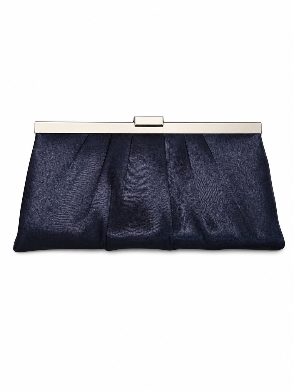 Jessica McClintock Elegant Navy Satin Clutch with Silver Frame And Chain Strap